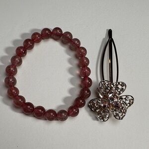 Elegant Pink Beaded Bracelet and flower Hair Clip Set